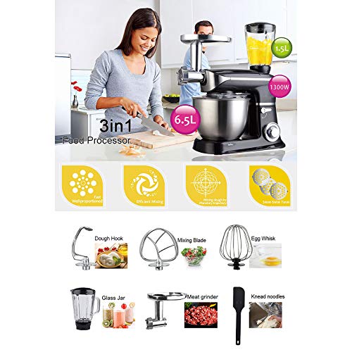 3 in 1 Küchenmaschine, Küchenmaschine, 1300W Küche Food Mixer mit 6 Geschwindigkeit und Puls, Haushaltsmixer mit 6.5L… – Bild 3
