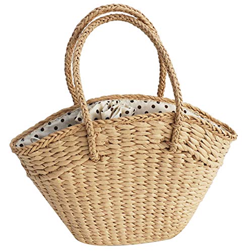 NAYU Sac à Main pour Femmes en Osier Tissé Sac à BandoulièRe pour Dames Sac de Plage Tissé en Paille Grande Capacité Portable Dot Panier Portefeuille A