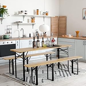 Vinglifoldingpicnictableswithbenchessetweatherresistantwoodenbeergardentablebench3pieceportablefoldupcampingbbqtablewcarryinghandles Urban Country Home Decor Vingli folding picnic tables with benches set weather resistant wooden beer garden table bench 3 piece portable fold up camping bbq table wcarrying handles urban country home decor