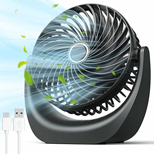 Ventilador con temperatura de control modo, 5000 mAh USB mesa Fan, 5 velocidades con aire fuerte, recargable batería operada ventilador con luz y gancho para la habitación de oficina en casa de viaje