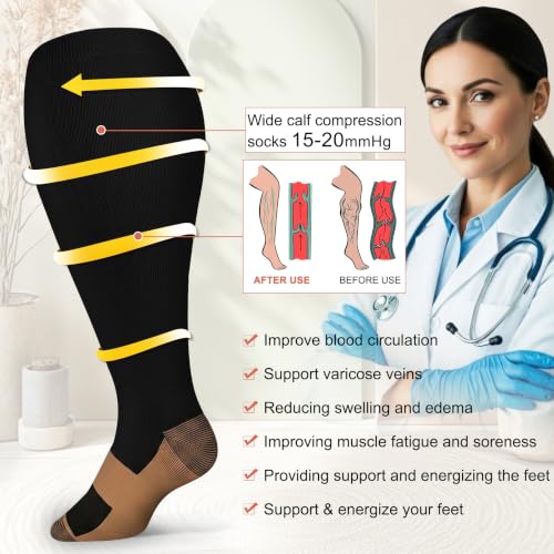 Image of Diu Life 3 Pairs Plus Size Compression Socks for Women and Men Wide Calf Extra Knee High Support for Circulation