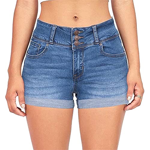 Generic Women's High Waisted Folded Hem Denim Shorts 3 Buttons Slim Comfy Jeans Shorts Juniors Stretchy Curvy Fit Jean Shorts (Blue,Medium)