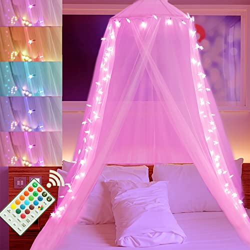 Elnsivo Pink Bed Canopy Color Changing 100 LED Star String Lights Light Up Canopy Bed Curtains, Princess Bed Canopy with Lights for Girls Women Bedroom Twin to King Size Bed Decor