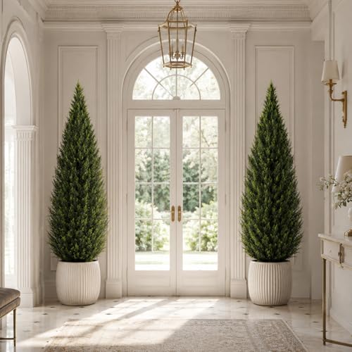 Image of Artificial Cedar Topiary Trees, 7 FT UV Resistant Faux Boxwood Plants,Front Porch Decorations Outdoor,Realistic Evergreen Cypress for Patio Decor Set of 2