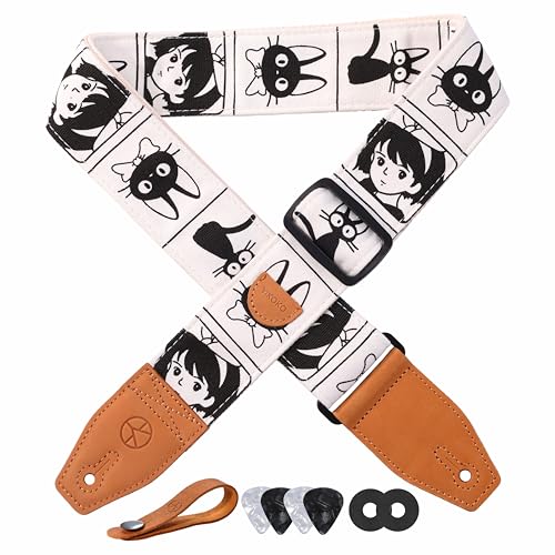 YIKOKO Guitar Strap 2 inch Cat Canvas Guitar Straps with Full Grain Leather End for Bass Electric and Acoustic Guitars Free Button Locks and Picks