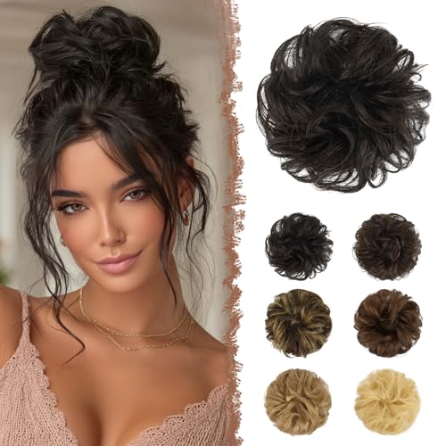 FESHFEN Moños Postizos Pelo Natural - 100% Cabello Humano Ondulado Moño Postizo Despeinado Coletero Extensiones para Mujer, Castaño Oscuro
