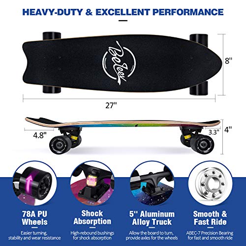 Skateboard Cruiser Completo 68.6 Cm - 7 Strati Acero Canadese, Ruote 78A, Cuscinetti ABEC-7, Per Adulti E Ragazzi