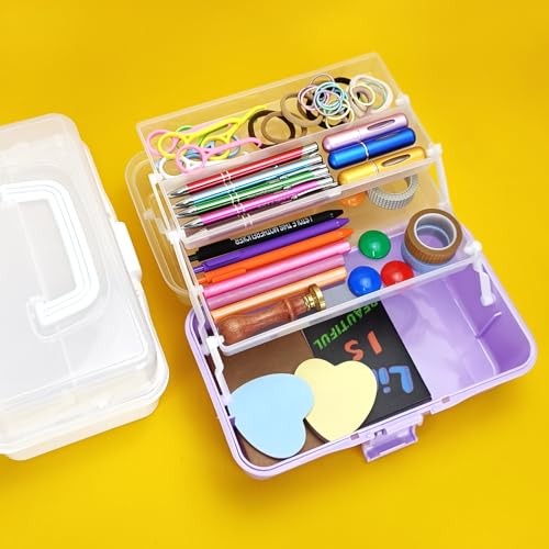 Image of Tackle Box Organizer and Storage, 10-Inch Craft Organizer With 3 Layers, Medicine Box with Handle for Nail, Makeup, Diamond Painting, Building Blocks (Purple)