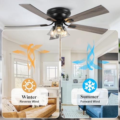 Image of Dawn Whisper 52 Inch Ceiling Fan with Light Flush Mount Classic Vintage Farmhouse Ceiling Fan with 3 E26 Covered Energy Efficient Light Bulbs Base