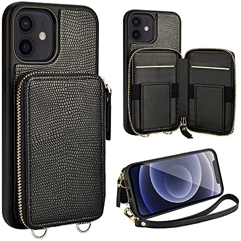 ZVEdeng Wallet Case for iPhone 12 Pro, iPhone 12 Card Holder Case Zipper Wallet with Wrist Strap Leather Handbag Purse for Women Protective Case for iPhone 12/12 Pro 6.1'' 2020 Lizard Skin Black Cover