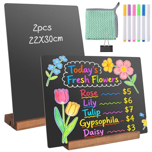 SneiDr 2 Tableau Noir Bois Effacable 22x30 cm Grands Tableaux Noirs avec Supports en Bois Stable Inclure 6 Stylos 1 Chiffon 1 Pince Double Face pour Écrire...