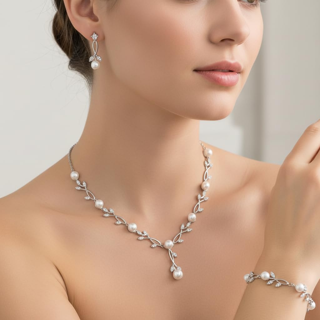 EVER FAITH Conjunto de joyas para novia, circonia cúbica, perlas simuladas, hojas de filigrana, collar de fiesta, pendientes y pulsera, conjuntos para mujer, vestido de novia