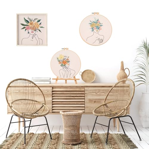 Image of EOBTAIN 3 Pcs Embroidery Kit for Beginners Adults Boho Floral Hand Stamped Embroidery Satrter Kits DIY Cross Stitch Kits with Embroidery Hoop,Needles and Threads,Gifts for Woman at Home Embroidery Kit