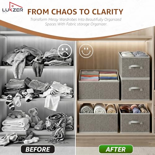Image of Lukzer 3Pc's Grey Foldable Clothes Organiser Storage Box Stackable Space-Saving Wardrobe Organizer for Storage with Handles & Rust-Free Multipurpose Organizers Basket for Almirah Cupboard Pants Jeans