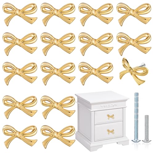 MorningRo 16 Pcs Gold Bow Drawer Knobs Brass Bow Knobs for Dresser Decorative Brass Drawer Pulls Vintage Cabinet Handles for Home Bedroom Kitchen Cabinets Hardware Cupboard (Small Size)