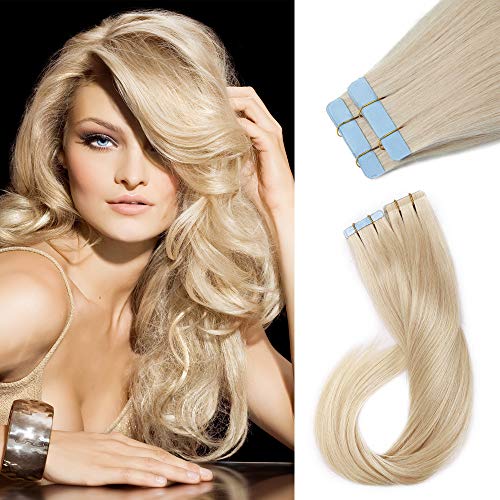 S-noilite Platinum Blonde Tape in Hair Extensions Blonde 20 Inch 30g 20pcs 100% Remy Human Hair White Blonde Double Sided Rooted Seamless Skin Weft Tape on Natural Hair Extension #60