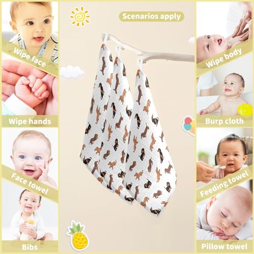 Image of YETTASBIN Dachshund Dog Muslin Baby Hand Washcloths, Soft Cotton Bath Face Towel, 4 Layers Extra Absorbent Feeding Burp Cloth for Newborn Infant, 5 Pack