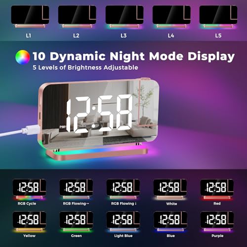Projector Clock,7.4 in Digital Alarm Clocks Projection on Ceiling Wall,with RGB Night Light,USB C Charging Port,Auto Dimming,LED Mirror Clock for Teen Girl Adults Bedroom Decor - Rose Gold - Image 4