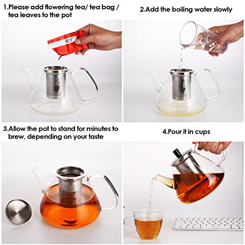 Juego de Té Tetera de Cristal 1.35 L y 4 Vasos Opto Té y Café Anti-calor con Colador Extraíble de Acero inoxidable - Imagen 6