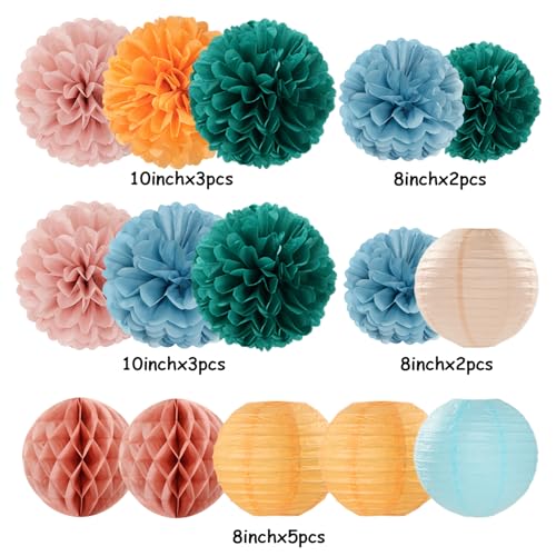 Image of Dusty-Blue Orange Teal Party-Decorations Paper-Flowers - 15pcs Fall Rose Gold Blush Pink Birthday Baby Bridal Shower Tissue Pom Poms Lanterns Streamers,Wedding Bachelorette Hanging Supplies Hugfond
