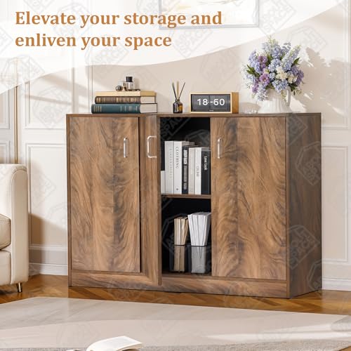 Image of ABOUT SPACE 2 Tier Kitchen Organizer Rack - 3ft 3 Door Engineer Wood Kitchen Cabinet with Adjustable Shelves, Easy to Assemble for Home Living Room (Walnut - L 105 x B 40 x H 91.5 cm)