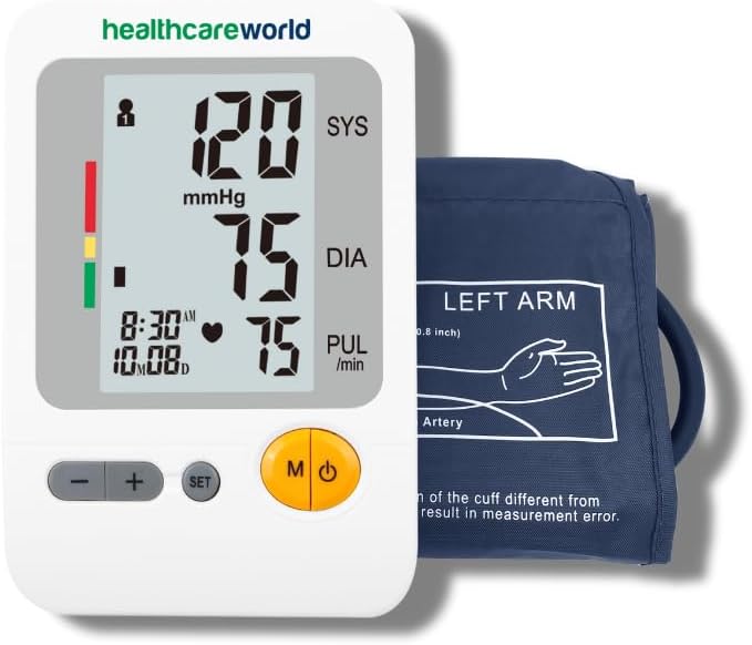 Healthcare World Blood Pressure Monitor with a large digital display and an attached blue arm cuff.