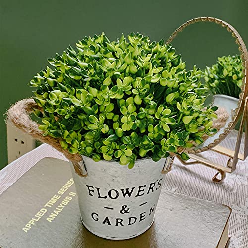 OUIVIAL Artificial Potted Plants - Fake Green Plants Medium Potted Plants Plastic Flower Plants with White Metal Basin for Home, Kitchen, Indoor Outdoor Decor. (Green Artificial Potted Plants)