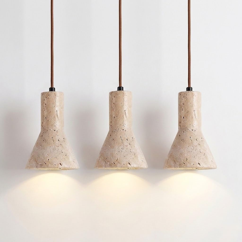 Japanese Travertine Hanging Lamp Set of 3, Flared Stone Pendant Lights Kitchen Island Nordic Adjustable Cone Chandelier for Dining Room
