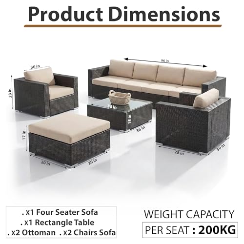 Image of OUTLIVING 6-Piece Patio Furniture Set Outdoor | 8 Seater Manual Weaving HDPE Wicker Sectional Sofa with Ottomans, Center Table & Cushions Couch Set | Ideal for Porch, Lawn, Garden (Dark Brown & Cream)