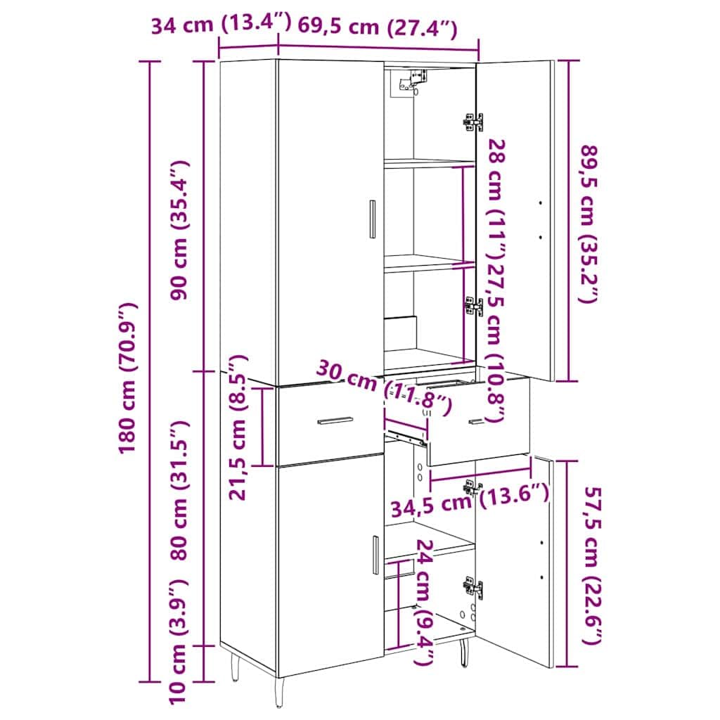 Buffet haut avec tiroirs en bois vieilli et verre, buffet moderne avec espace de rangement, armoire étroite pour salon, salle à manger, couloir, étagère fonctionnelle