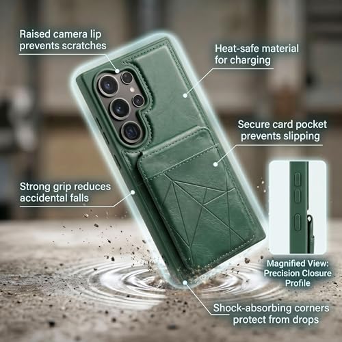 Image of amazon basics Premium Vegan Leather Back Cover with Card Holder and Integrated Mobile Stand for Samsung Galaxy S24 Ultra 5G - Slim Shockproof Wallet Case with Geometric Stitching [Green]