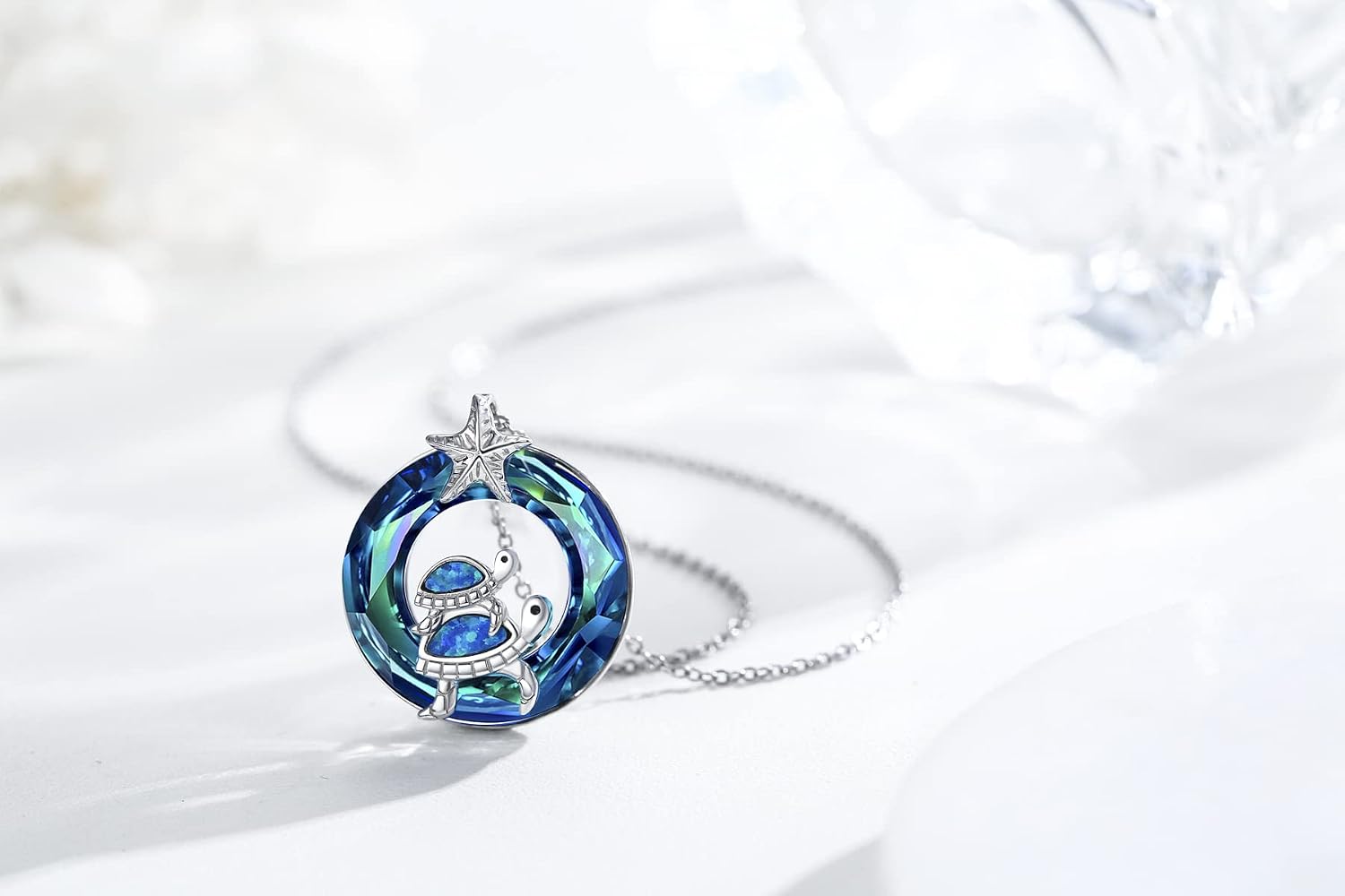 Turtle Necklace Sterling Silver Blue Crystal Turtle Pendant Mom and Daughter Turtle Necklace Sea Turtle and Starfish Necklace Mother's Day Tortoise Jewelry Gifts for Women Mom
