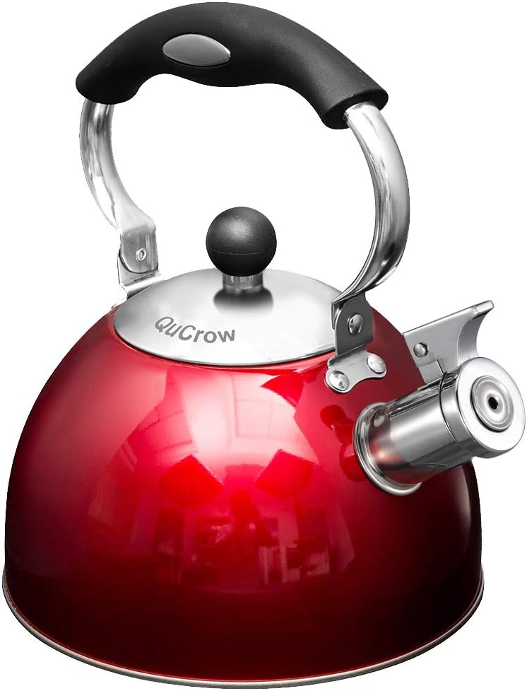 New Version QuCrow Stainless Steel Whistling Tea Kettle with Heat Proof Handle, Tea Kettles Stovetop, Tea Pot, 2.75 Quart, Red