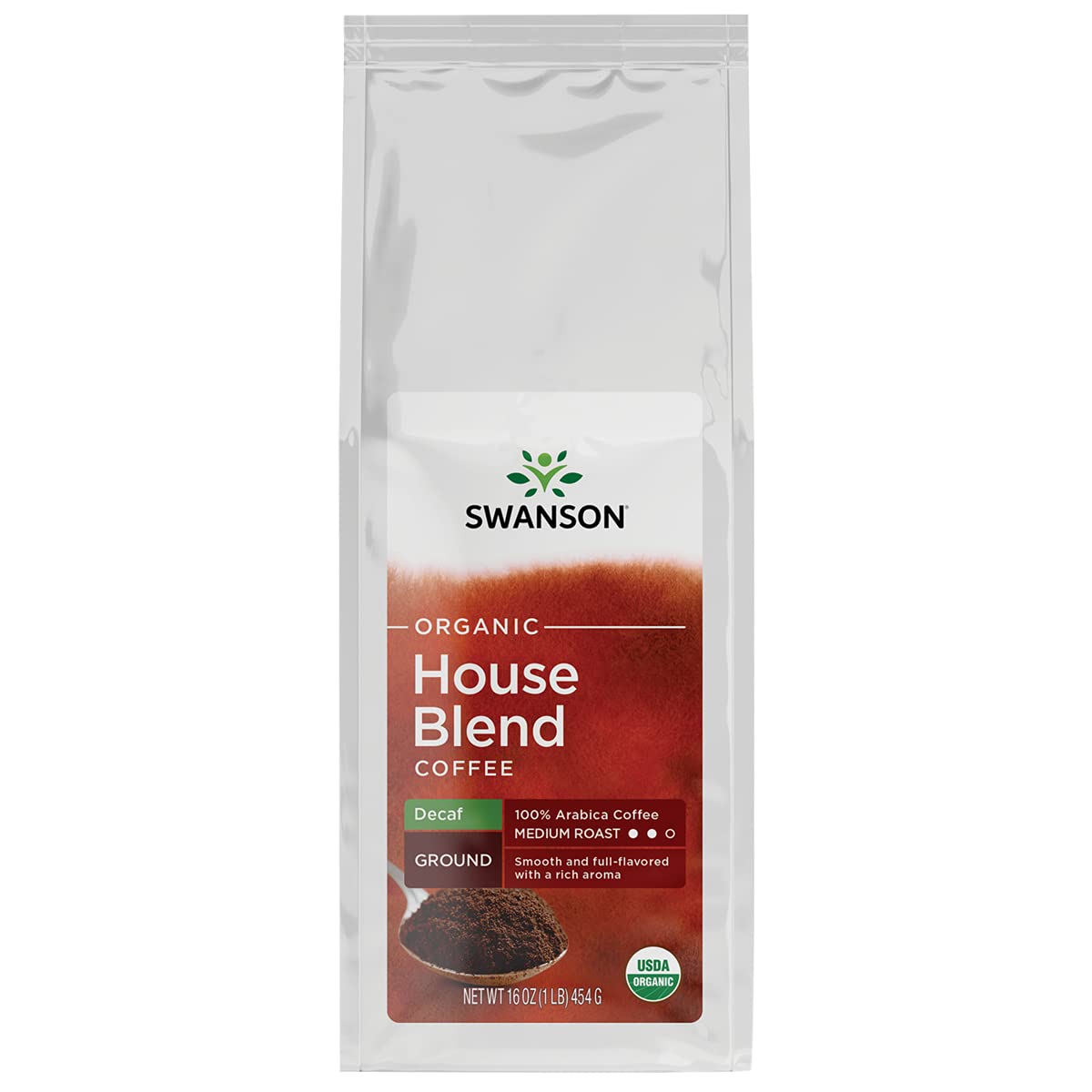 Swanson House Blend Decaf Fine Ground Organic Coffee - Medium 16 Ounce (1 lb) (454 g) Pkg