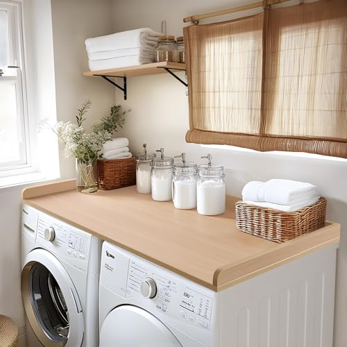 Kaboon Washer Dryer Countertop, Melamine Countertop with Edge Rails - 27.5" Depth x 54" Width Laundry Room Organization, Light Walnut