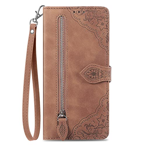 Tasca con Cerniera Custodia a portafoglio per OPPO Reno4 Pro 5G Flip Cover con chiusura magnetica,tasca con cerniera 7 scomparti per carte di credito Cinturino da Polso Goffrato Fiore Cover Marrone