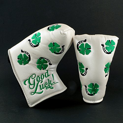 19th Hole Custom Shop Clover and Horseshoe Headcover for Blade and Midsize Mallet Putter, White, Golf Head Cover