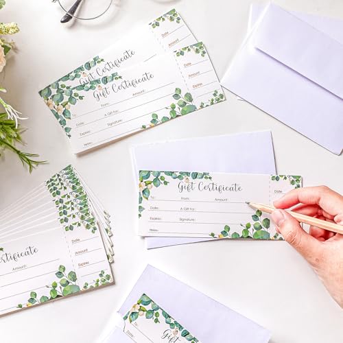 50 Sets Gift Certificate for Business with 50 Pcs Envelopes Blank Gift Certificate Cards with Name and Address Rustic for Beauty Salon Restaurants Birthday Client (Eucalyptus Leaves,4.72 x 2.36 Inch)