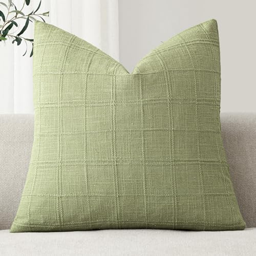 Image of Foindtower Set of 1 Decorative Linen Check Throw Pillow Cover Neutral Farmhouse Vintage Cushion Cover Modern Boho Accent Home Decor for Sofa Chair Couch Bedroom Living Room,20x20 Inch,Light Green