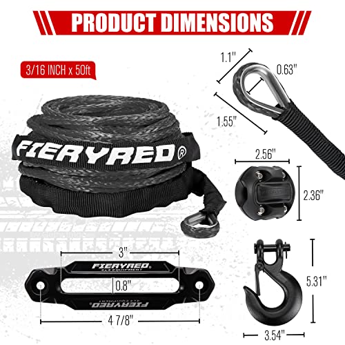 Fieryred 3/16Inch 50Ft 8500Lbs Synthetic Winch Rope Cable Kit With Forged Hook Rubber Stopper And Fairlead,Winch Line Replacement For 2000-3500Lbs Winch, Atv, Utv, Offroad #TOP6