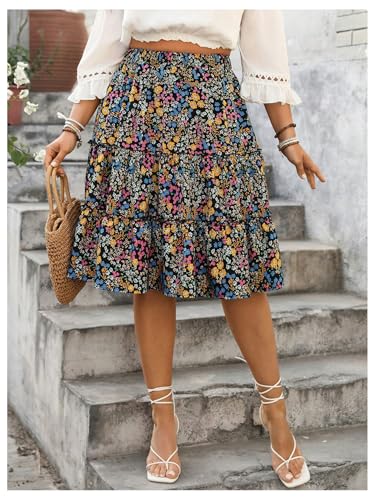 Women's Plus Size Floral Skirt Elastic High Waist A Line Flowy Ruffle Tiered Boho Summer Skirts4