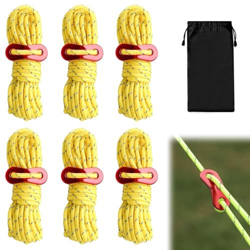 Corda per Tenda Riflettente, Corda da Campeggio, con Tenditori in Alluminio, 6 pezzi Cord in Nylon Multiuso, per Fissare Tende, Zaini e Altri Accessori, 4MM×4M