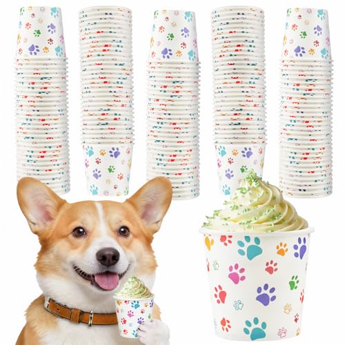 100 Pcs 3 oz Tiny Paper Cups Disposable Pup Cups for Dogs Whip Cream Dog Paw Pattern Mouthwash Cups Pet Theme Birthday Party Supplies for Dog Birthday Travel Puppy Food Treat Feeding (3 ounces)