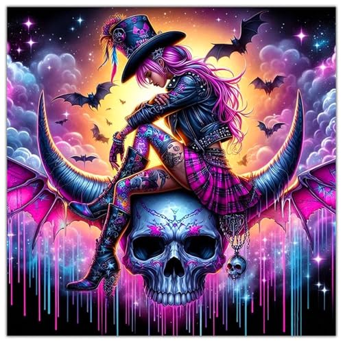 Lophomie Diamond Art Kits for Adults 5D Full Drill Witch Skull Diamond Painting Kit Easy DIY for Beginners Relaxing Arts and Crafts Home Decor & Gift 14x14 Inch