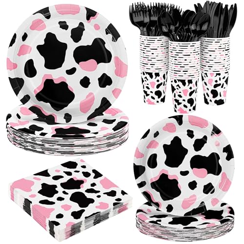 Kochorie 350 PCS Pink Cow Print Party Supplies Set for 50 Guests Includes Cowgirl Pink Cow Party Plates Cups Napkins Utensils for Western Birthday Baby Shower Bachelorette Disposable Tableware