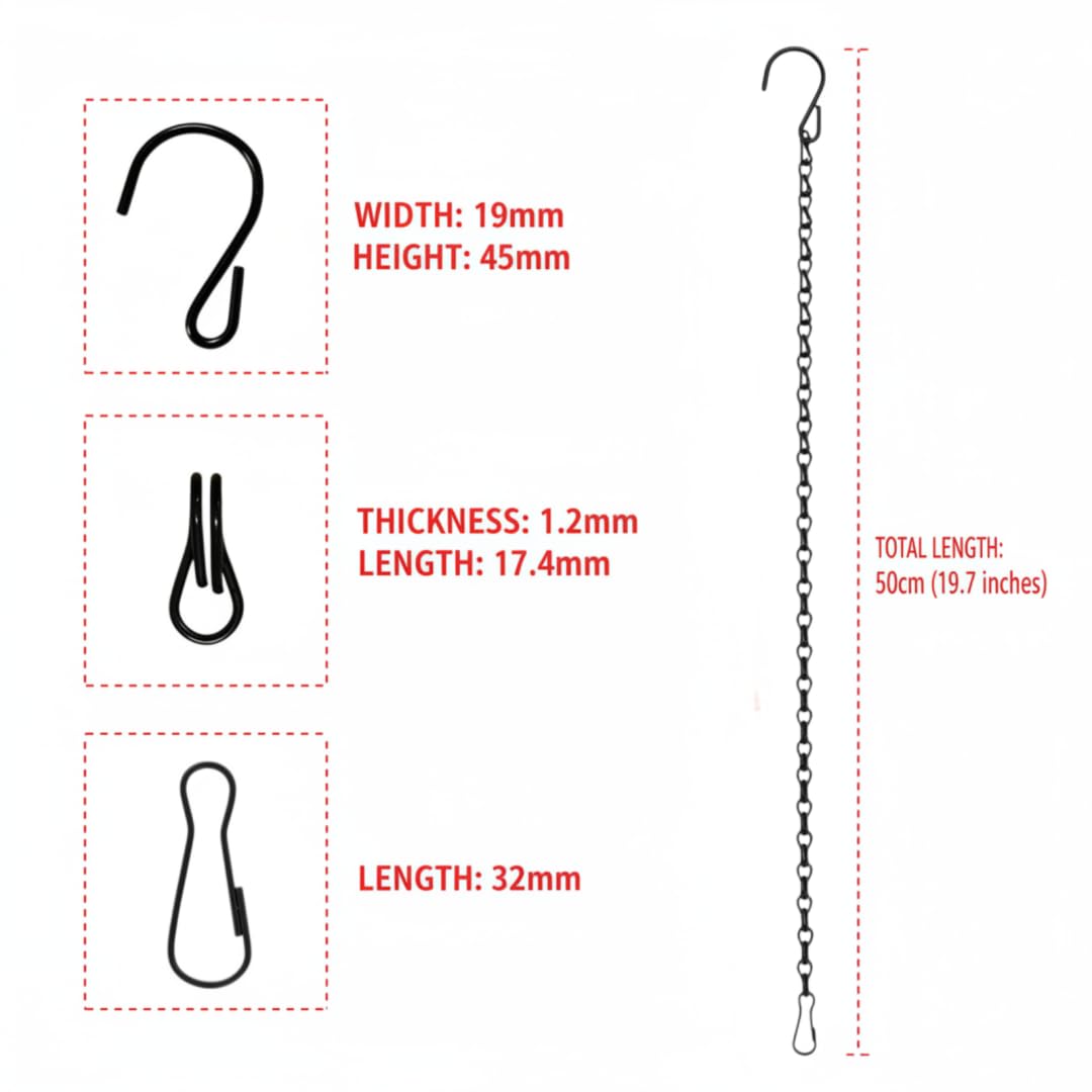 Kenovate 3 Pcs Hanging Chains with Hooks and Clips 19.7 Inch Metal Hanging Basket Chains Plant Hangers Flower Pot Chains for Bird Feeders Wind Chimes Lanterns Planters Indoor Outdoor Decor (Black) - 2