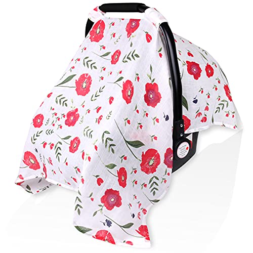 Image of Muslin Carseat Canopy for Girl Boy, Metplus Lightweight Infant Car Seat Cover, Breathable Baby Carrier Newborn Stroller Covers, Fit Summer Spring Autumn, Large Size 47.2 x 35.4 inch, Red Flower