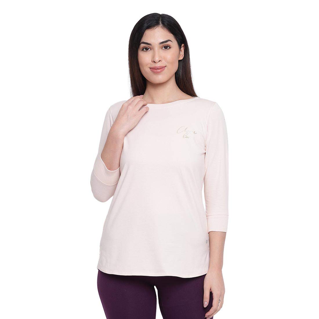 EnamorEssentials Women's Cotton Blend - E107 Long Tee - Solid | ¾Th Sleeve Boat Neck Slim Fit Lounge Tee With Mindful Graphic(E107-Pink Pearl W/ Choose Love-L), Large