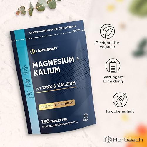 Magnesium Kalium Komplex mit Calcium Zink | 6 Monate Vorrat - 180 Vegane Tabletten | Hochdosiert | Basenpulver Tabletten | von Horbaach