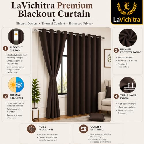 Image of LaVichitra 1 Piece Solid Premium Blackout Curtain - Thermal Insulated, 3 Layered, 100% Opaque Window - 4 feet, Dark Coffee